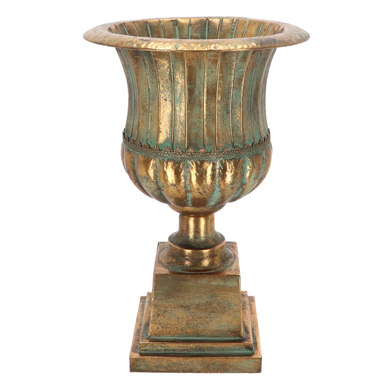 Decorative urn with a textured surface on a white background