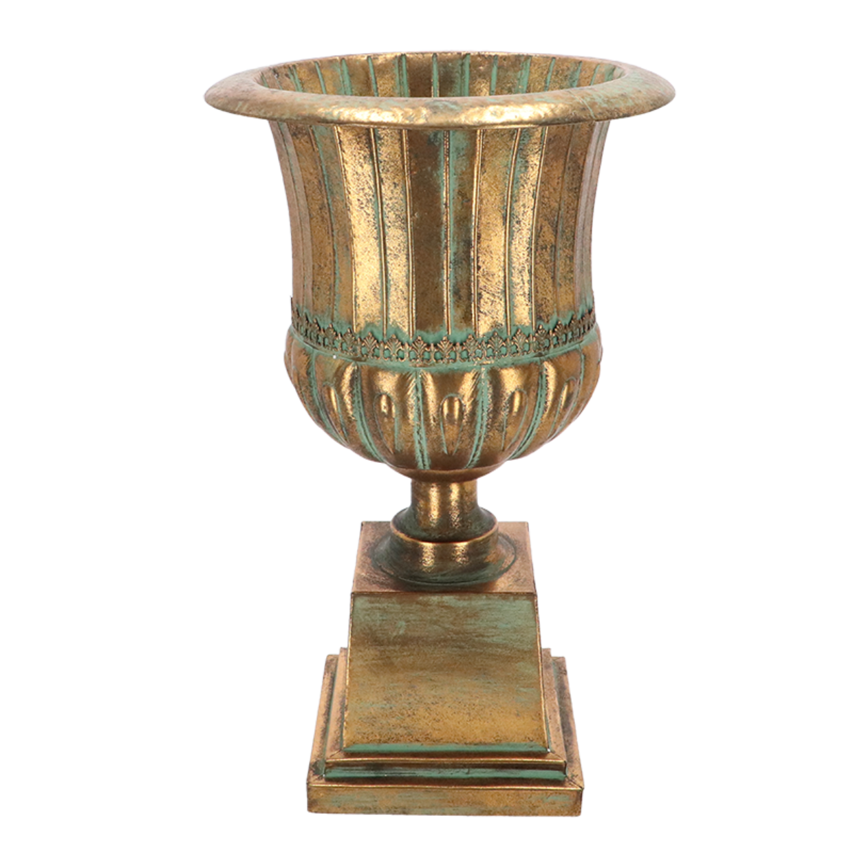Decorative urn with a metallic finish on a white background