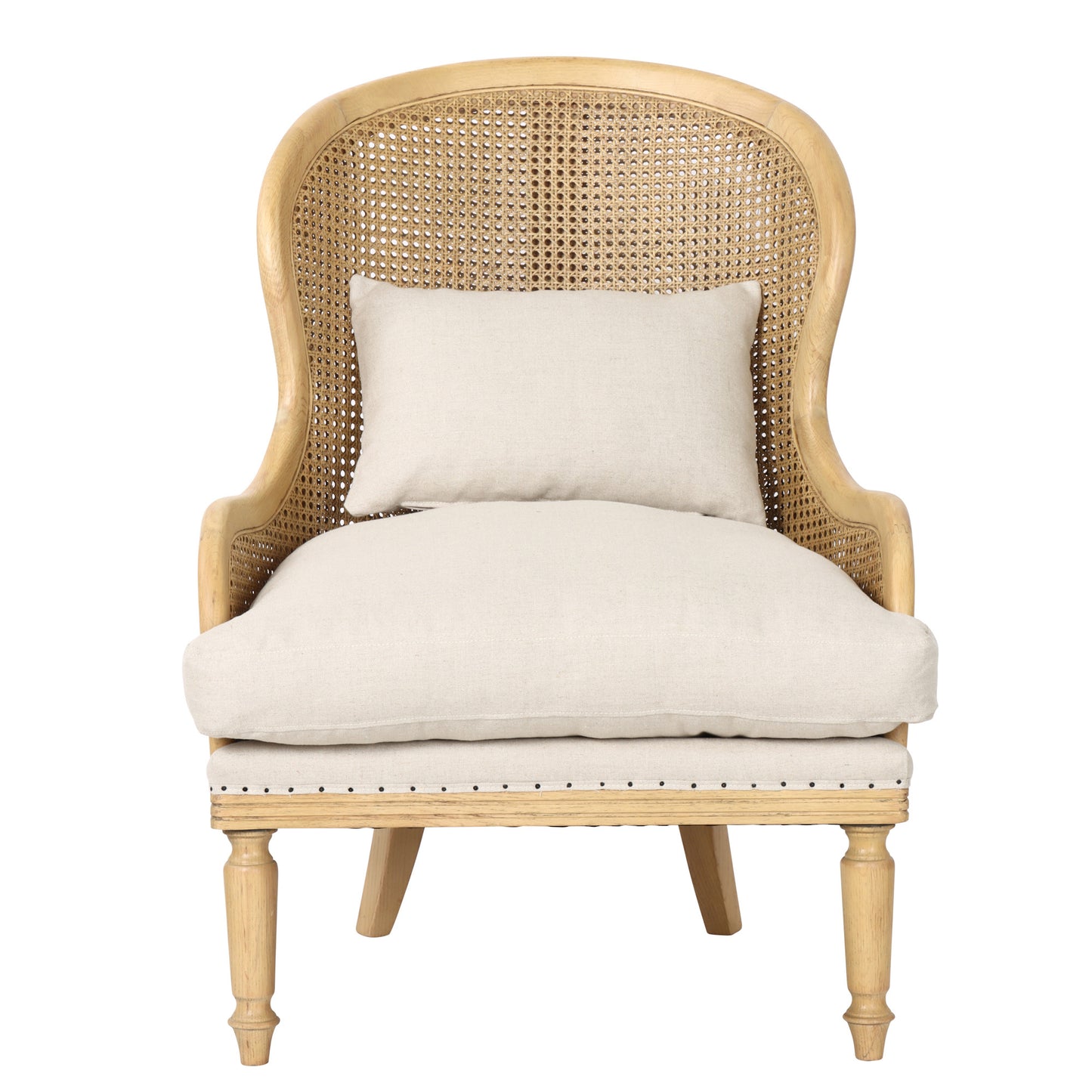 Wicker chair with white cushion on a white background