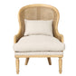 Wicker chair with white cushion on a white background