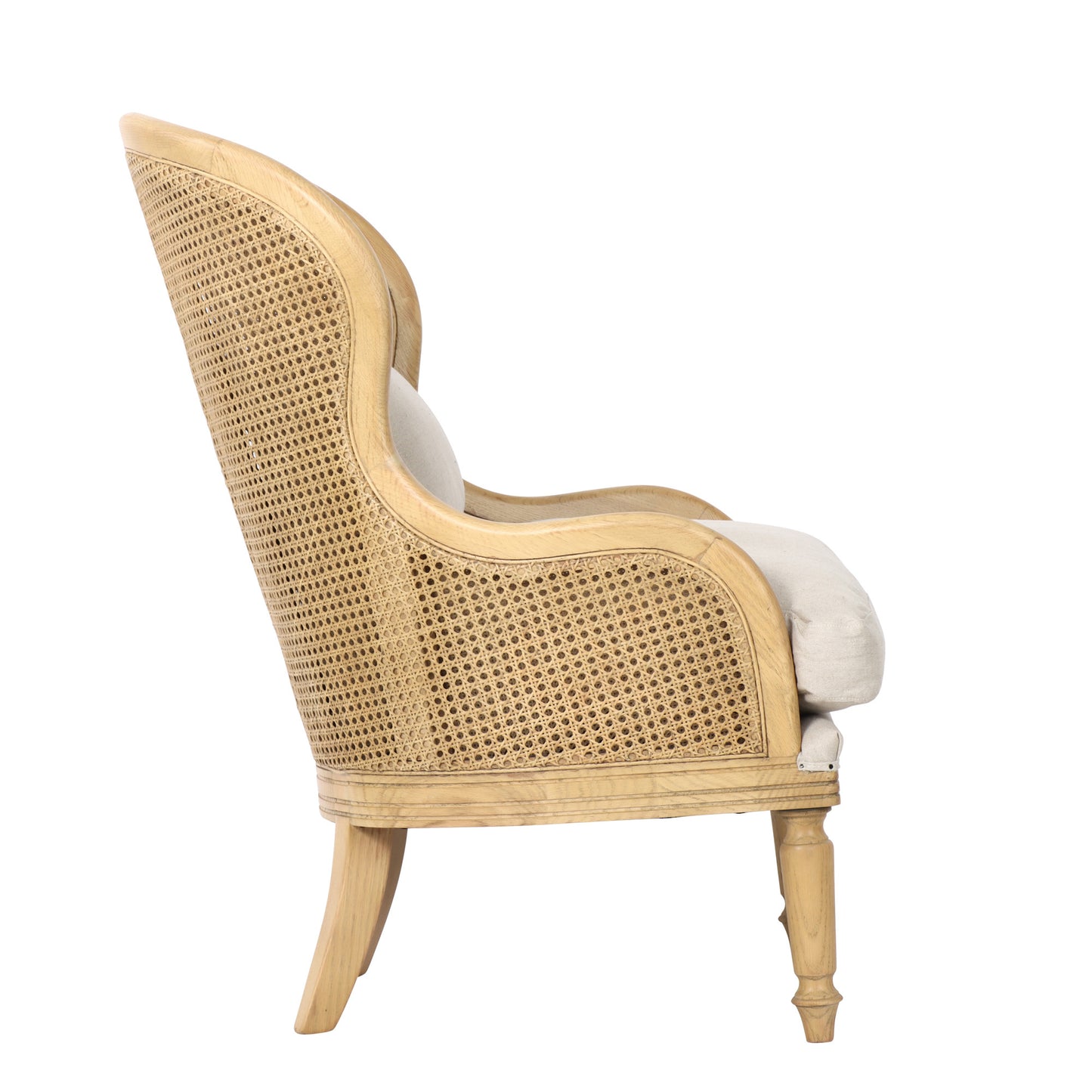 Wicker armchair with white cushion on a white background