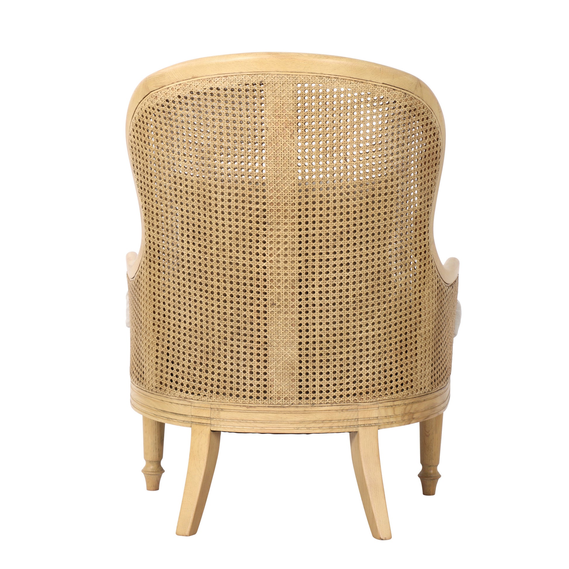 Wicker chair with a natural finish on a white background