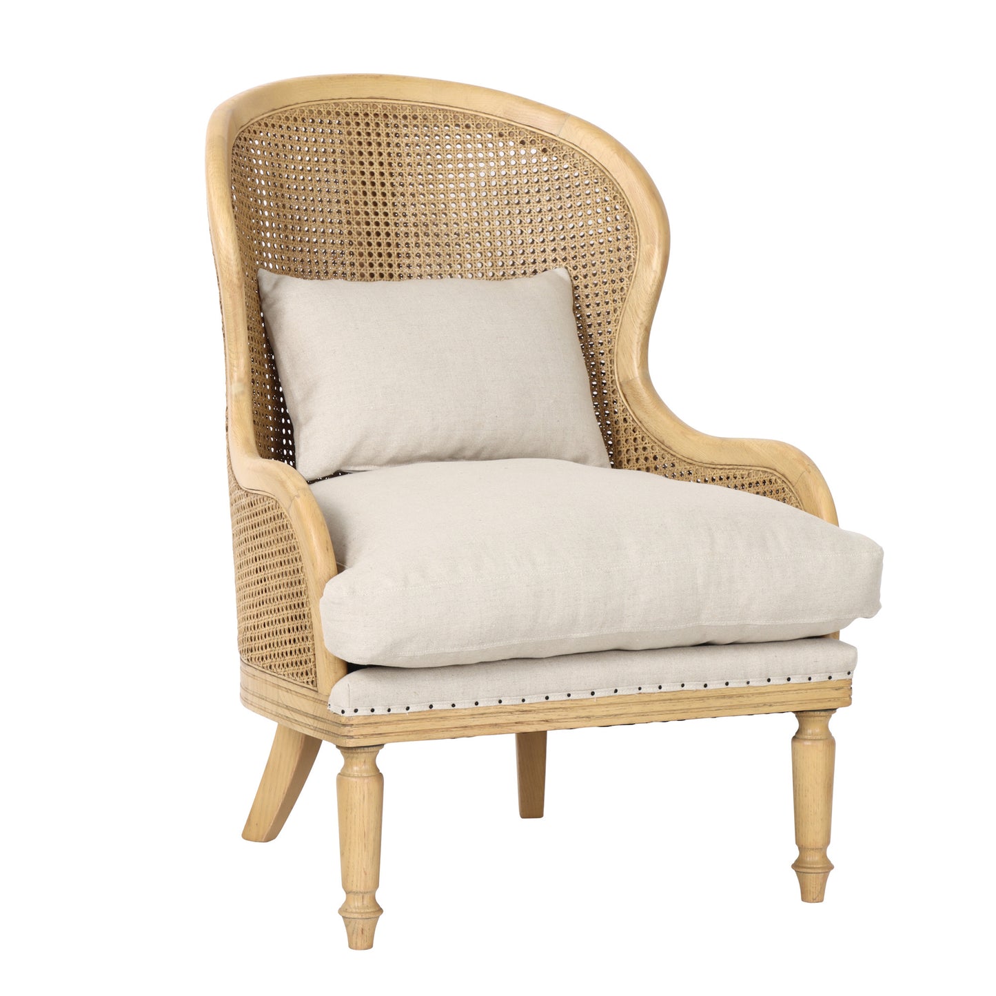Wicker armchair with beige cushions on a white background