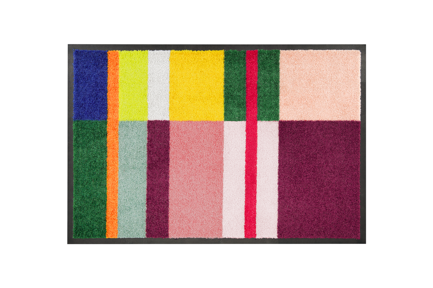 Colorful checkered doormat with a geometric pattern on a white background