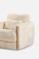 Beige faux sheepskin armchair with wooden armrests on a white background