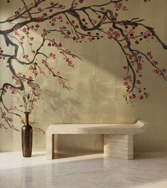 Beige wall with cherry blossom mural, wooden bench, and vase with flowers.