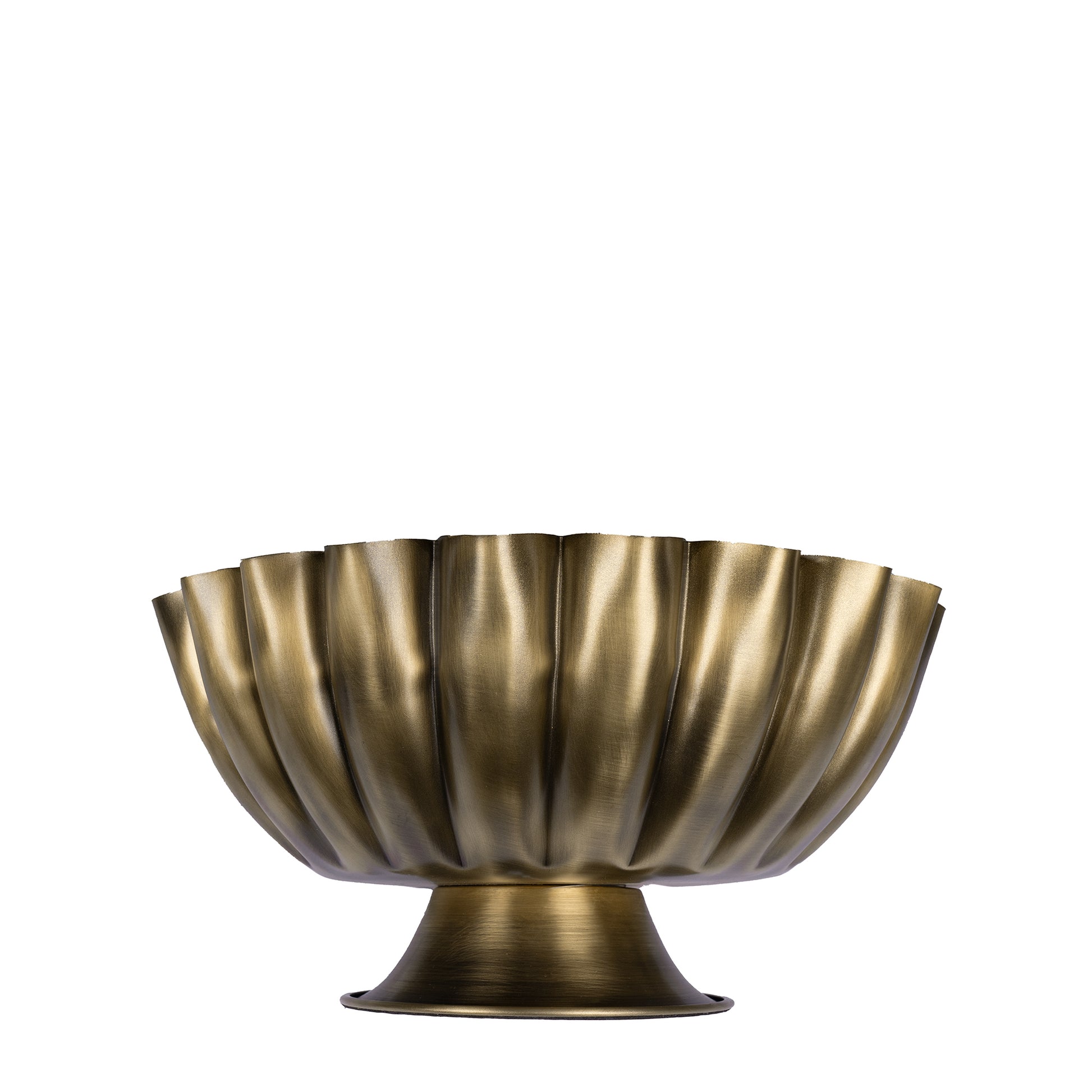 Bronze decorative bowl with scalloped edge on a white background