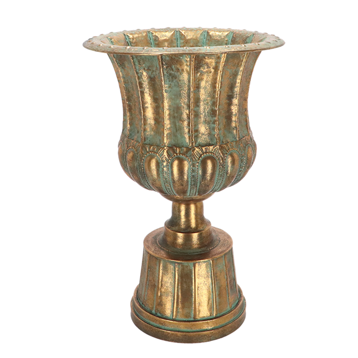 Decorative brass urn with ribbed design on a white background