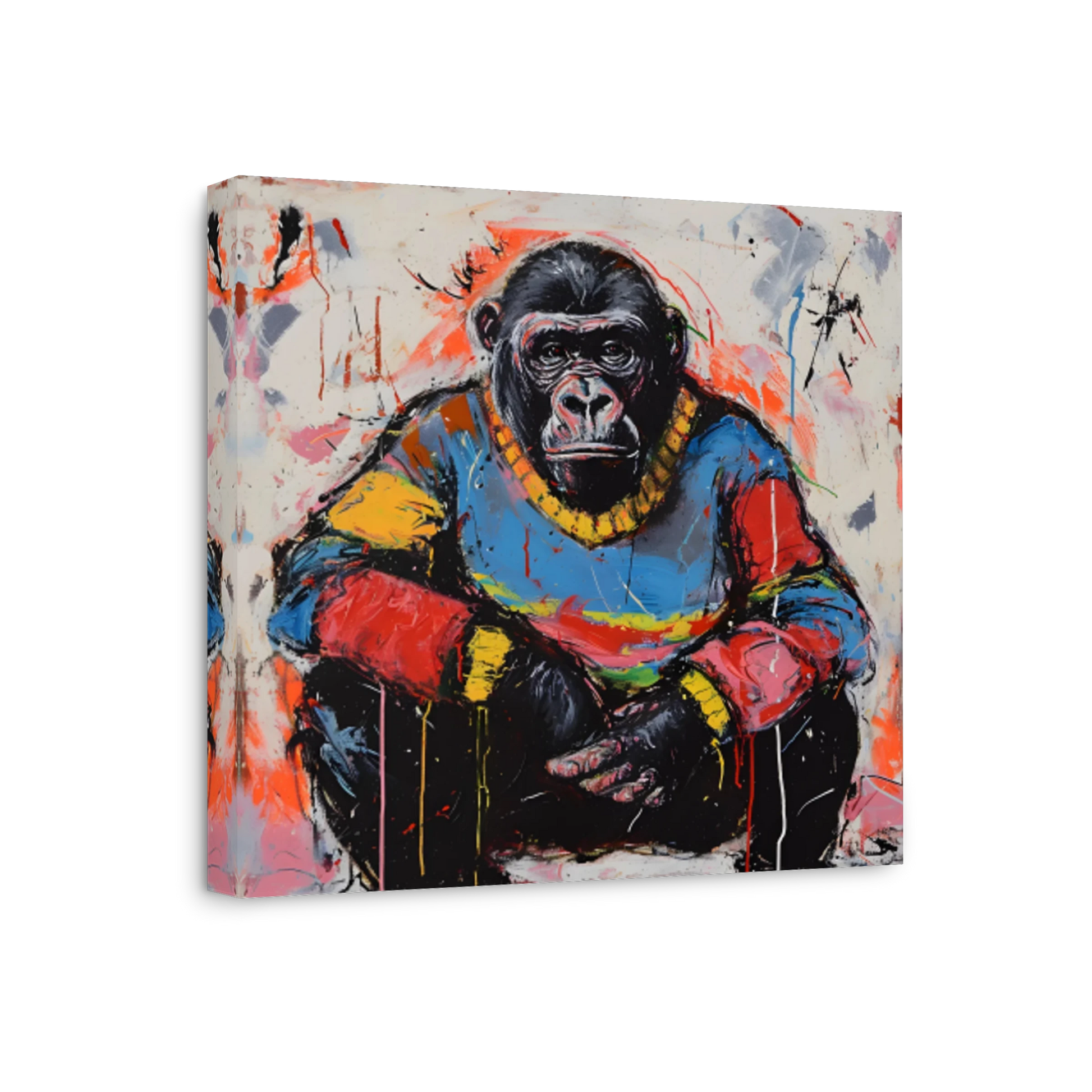 A square canvas wall art print featuring a stylized painting of a seated chimpanzee in a colorful sweater, shown at a slight angle against a plain white background.