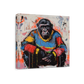 A square canvas wall art print featuring a stylized painting of a seated chimpanzee in a colorful sweater, shown at a slight angle against a plain white background.