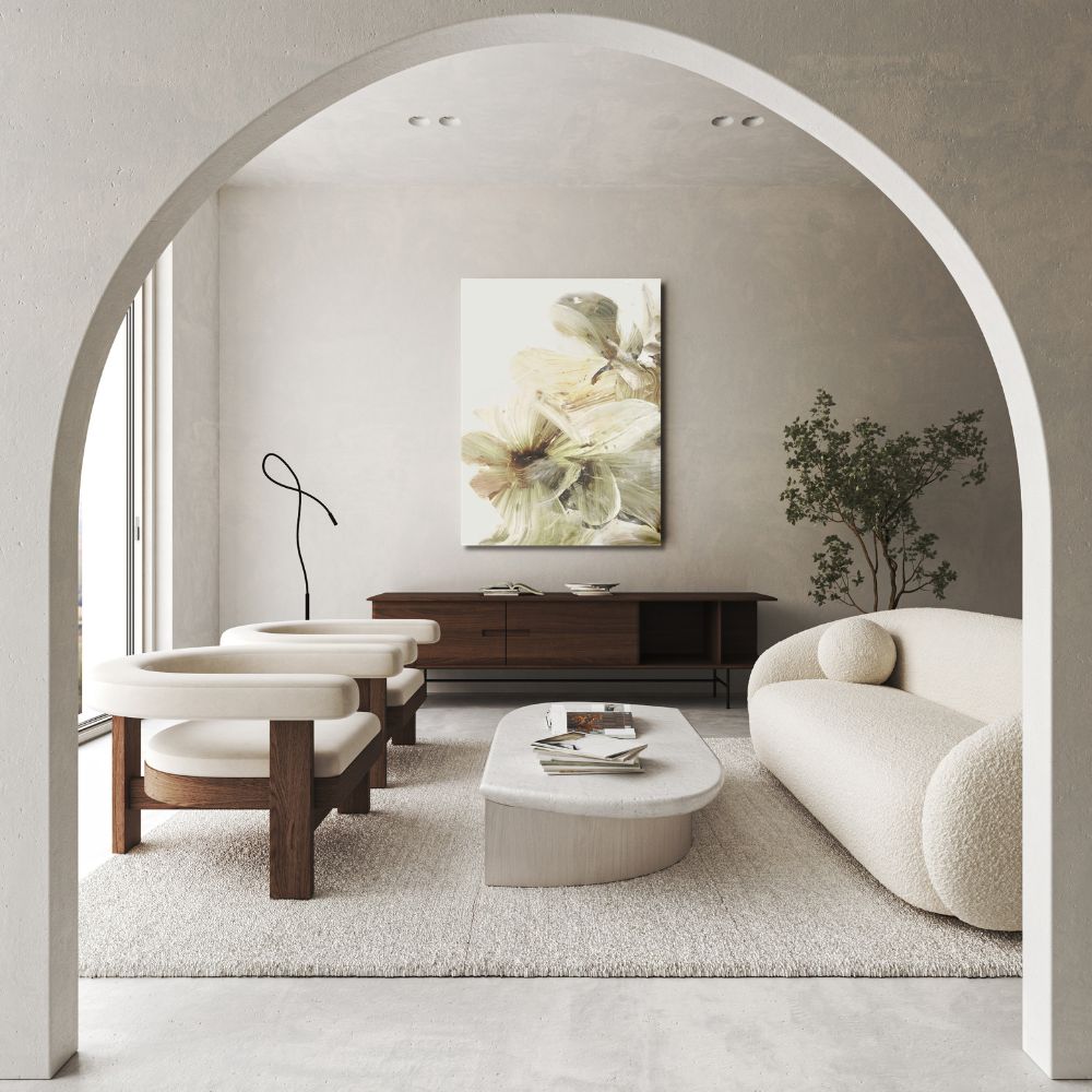 Modern living room with a white sofa, wooden coffee table, and decorative elements.