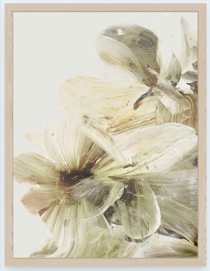 Framed artwork of beige flowers with a light background