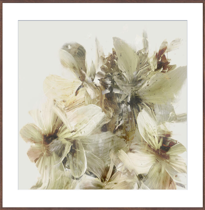 Framed artwork of beige flowers on a light background
