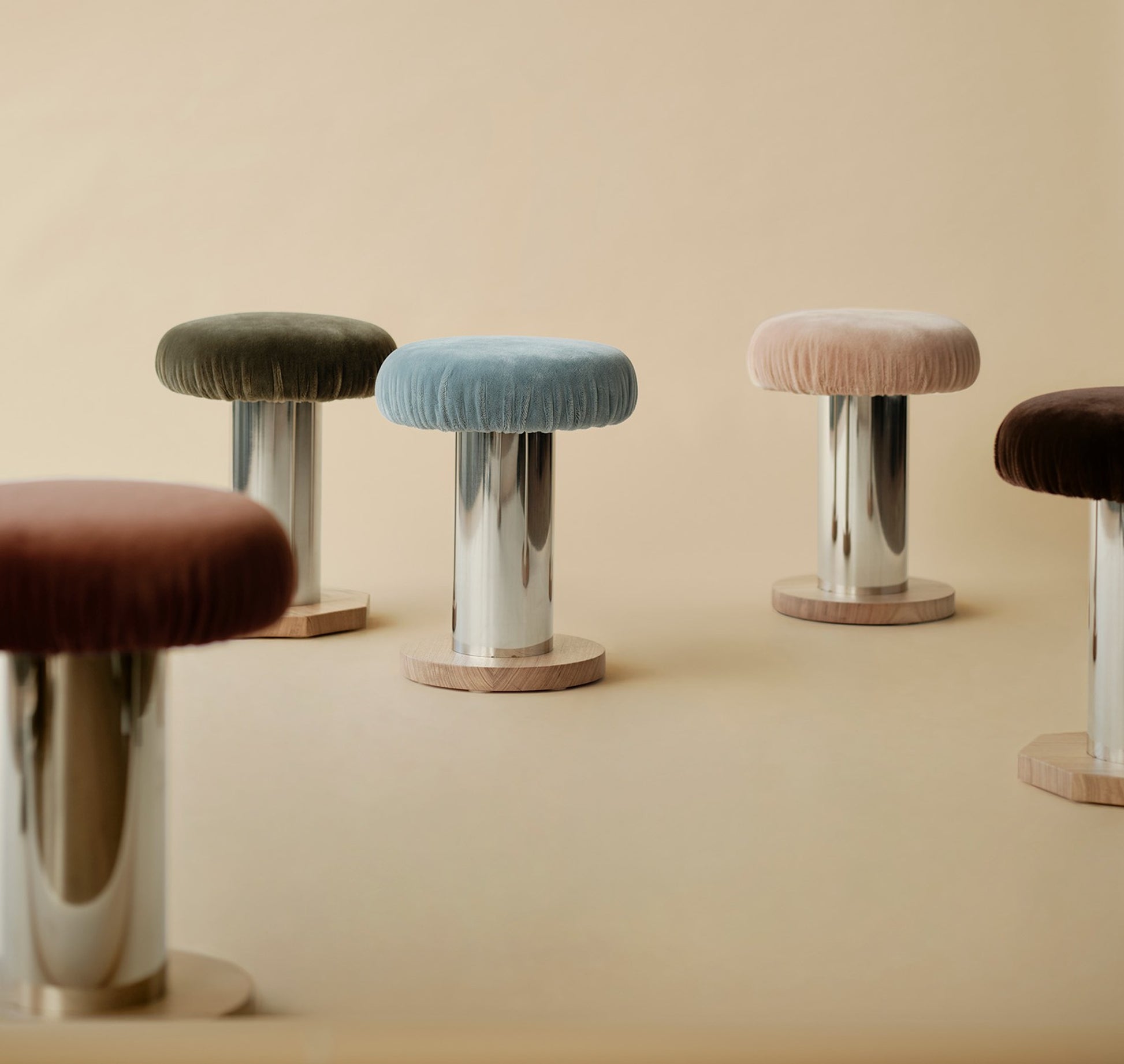 5 round metal stools covered in mohair/velvet fabric in blue, pink, green, chocolate and spice
