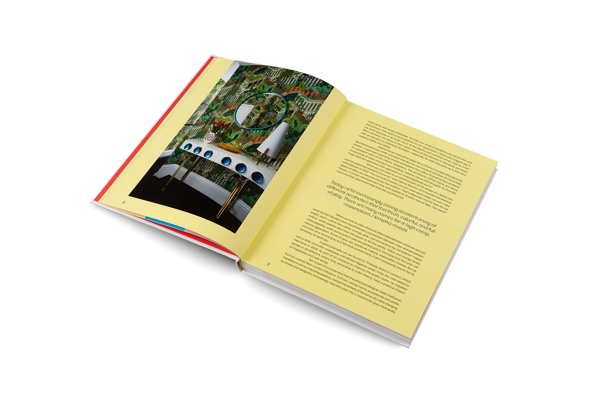 Open book with colorful illustrations and text on a white background