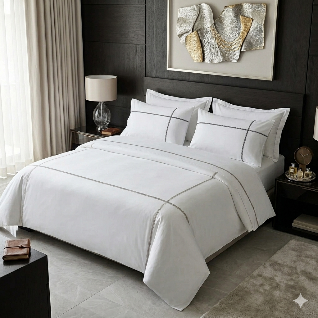 Neatly made bed with white bedding in a modern bedroom setting.