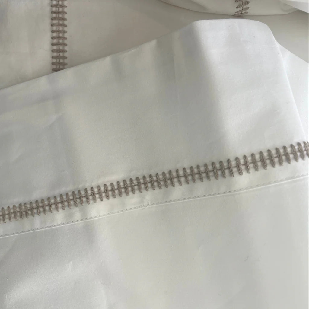 Close-up of a white garment with a zipper detail