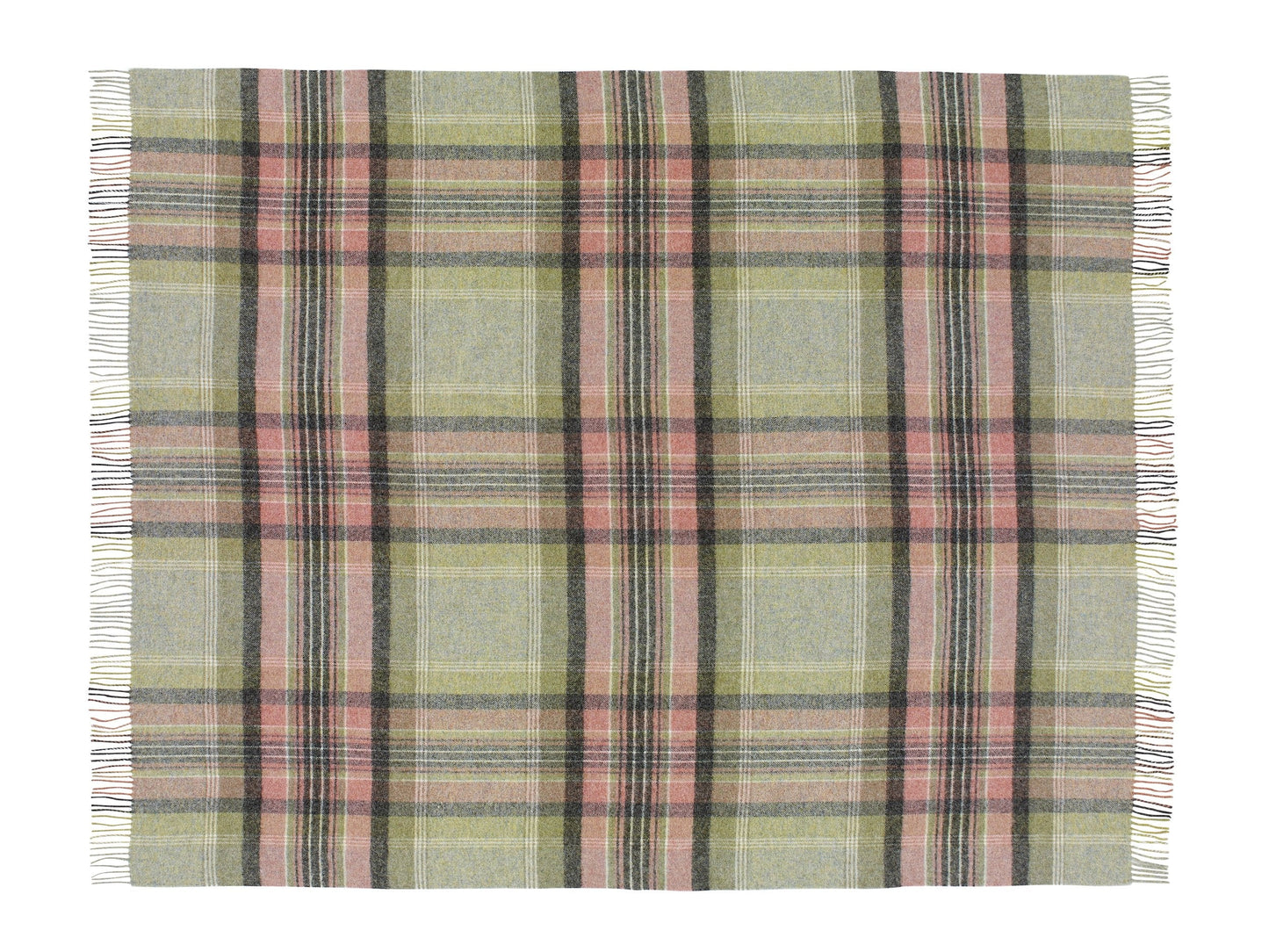 Plaid blanket with green, pink, and beige colors on a white background