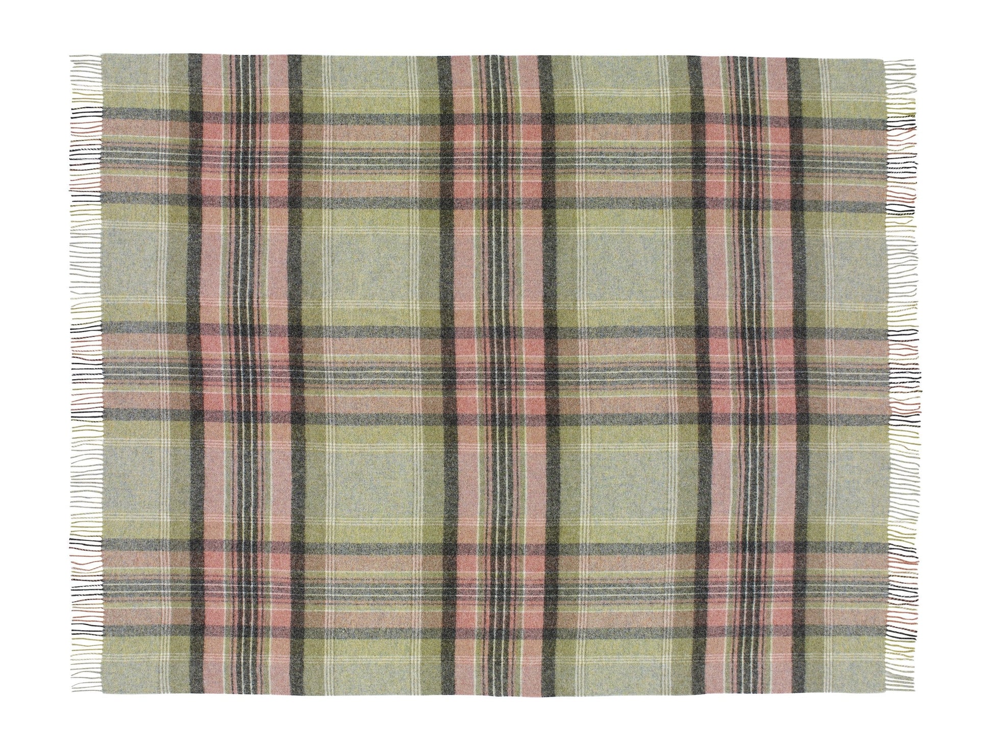 Plaid blanket with green, pink, and beige colors on a white background