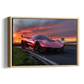 A framed canvas print featuring a red supercar on a highway during a dramatic orange and pink sunset, shown as a 3D gallery-wrapped wall art piece against a white background.