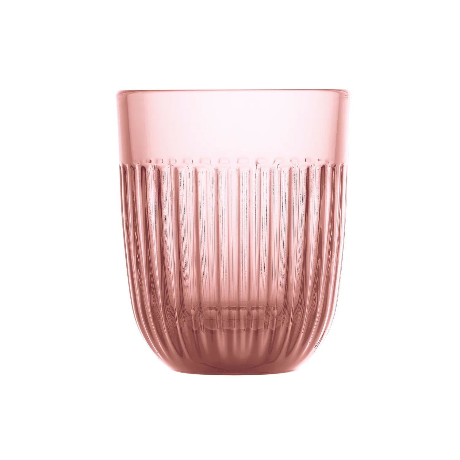 A translucent pink glass tumbler with a vertical ribbed texture, shown against a plain white background.