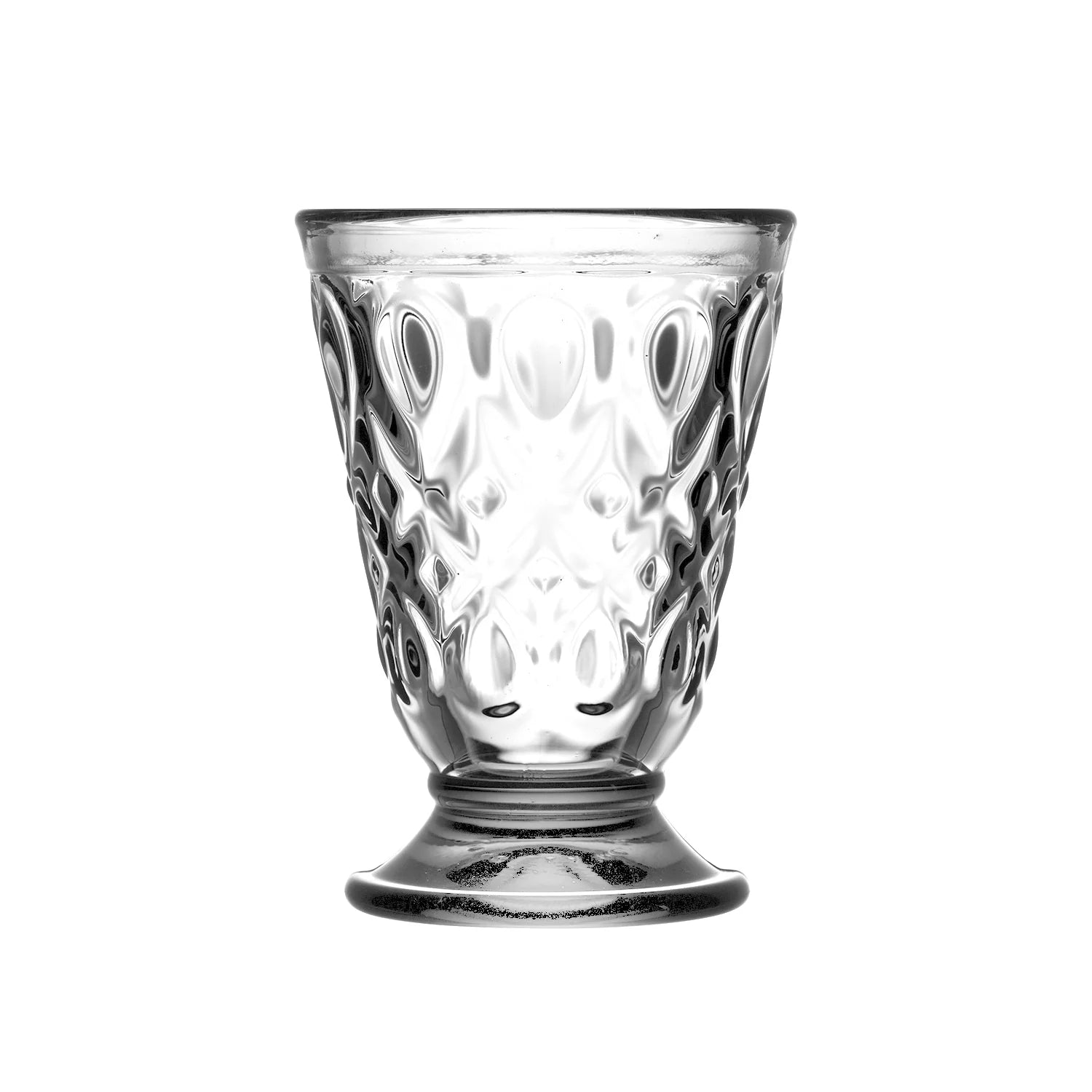 A clear glass goblet with an embossed floral pattern, set against a solid white background.