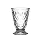 A clear glass goblet with an embossed floral pattern, set against a solid white background.