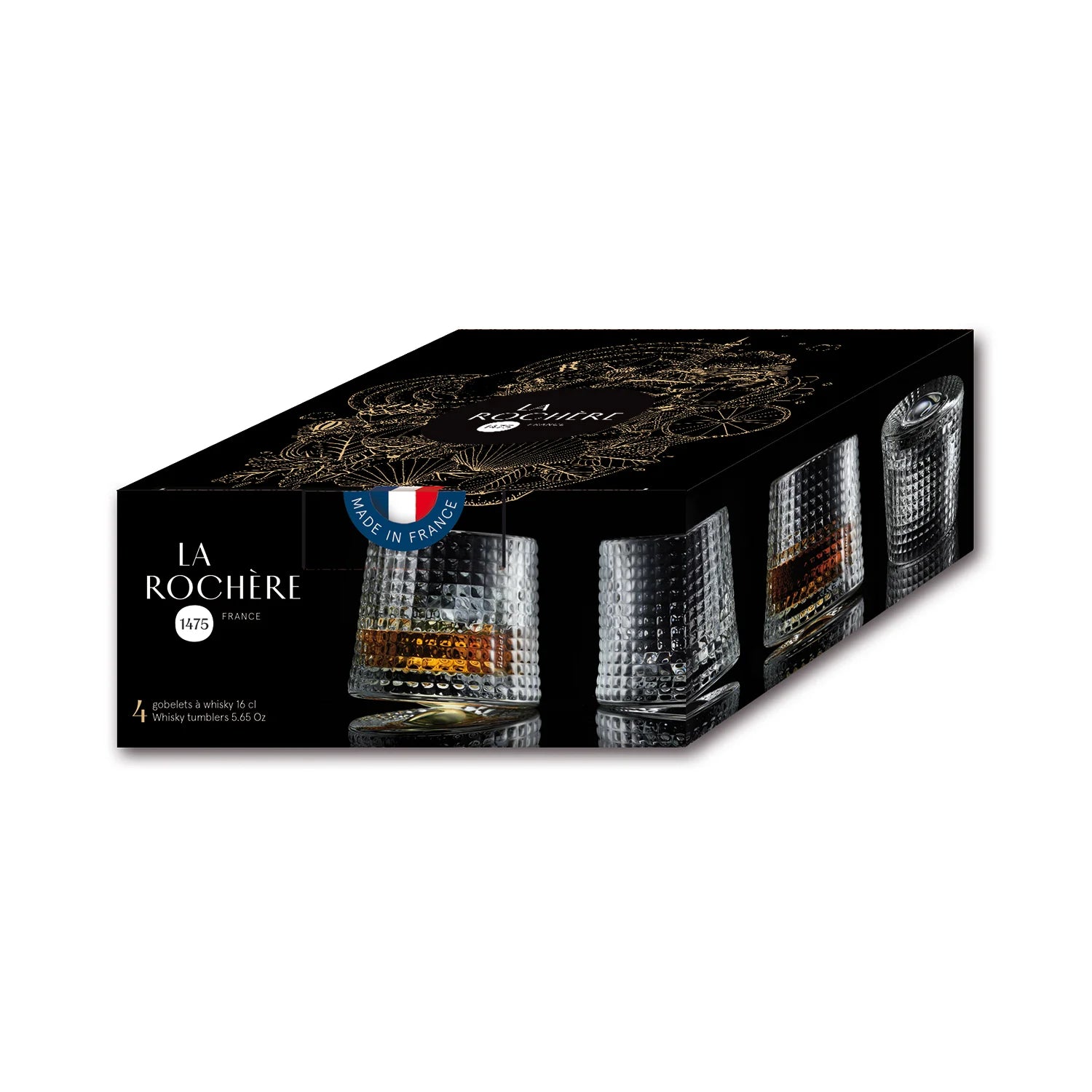 Packaging of La Rochère whiskey glasses with brand logo and product images.