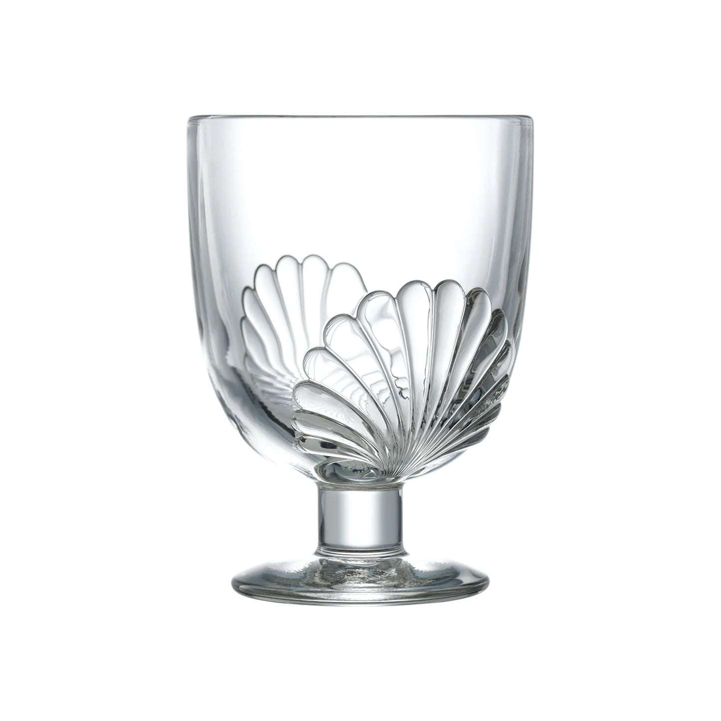Clear glass with shell design on a white background