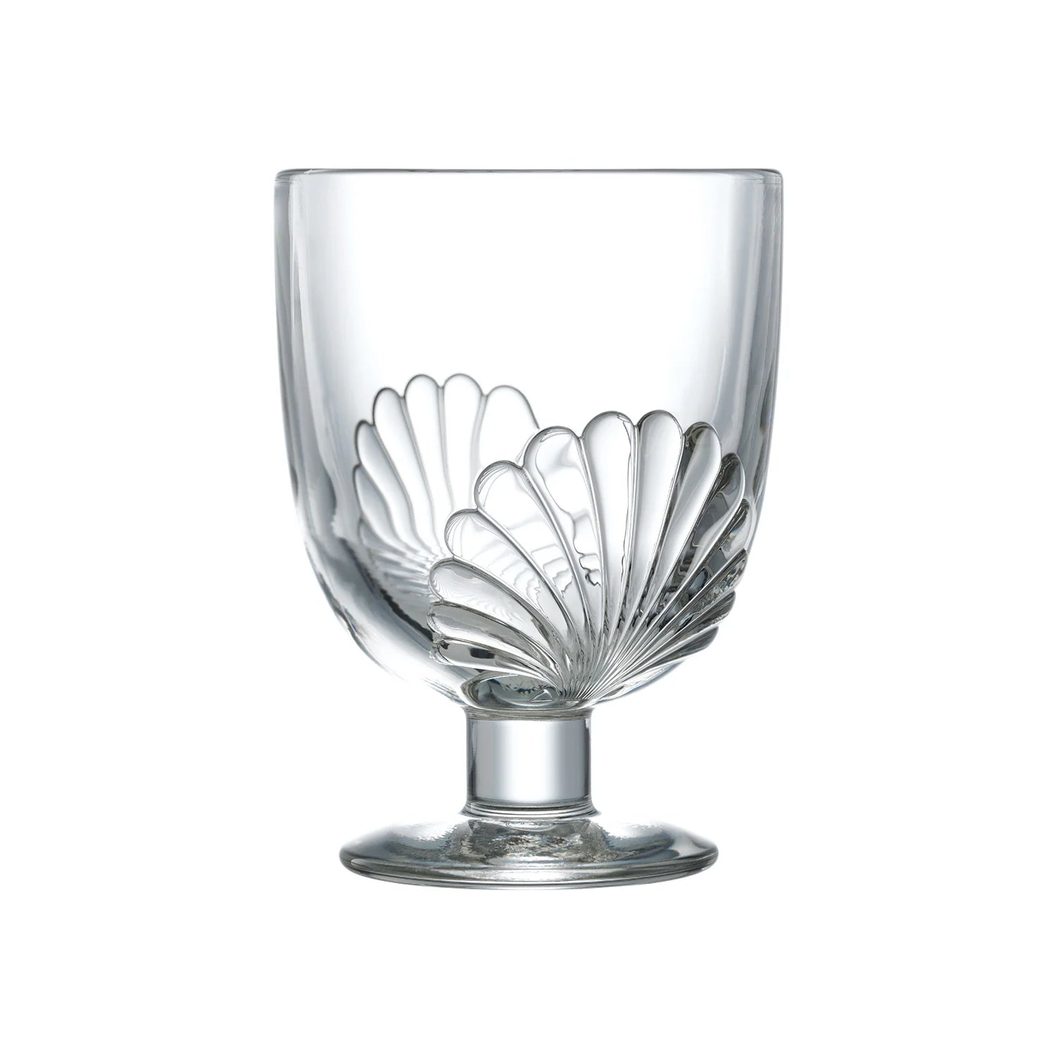 Clear glass with shell design on a white background