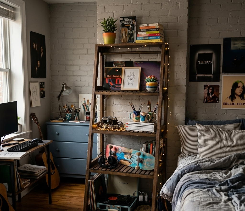 Room interior with a bookshelf, bed, and desk.