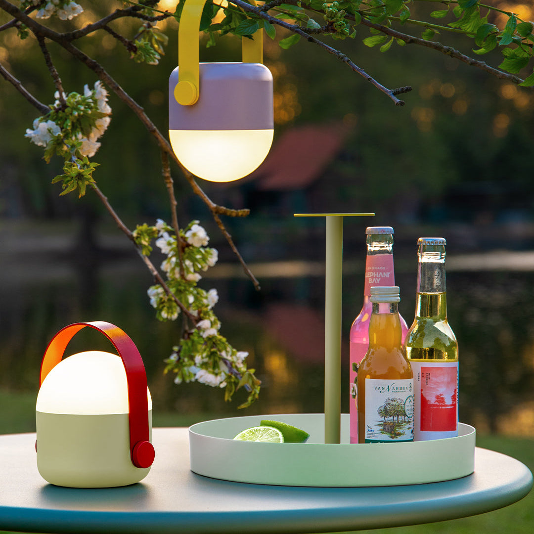 lamps hanging on a tree and a table with bottled drinks
