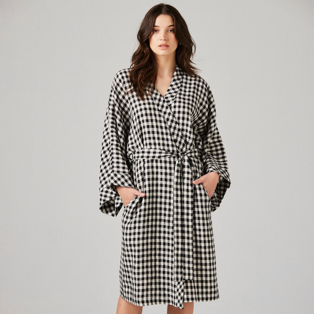 Black and White checked linen robe
