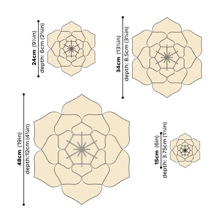 Set of four floral cutouts with dimensions indicated on a white background