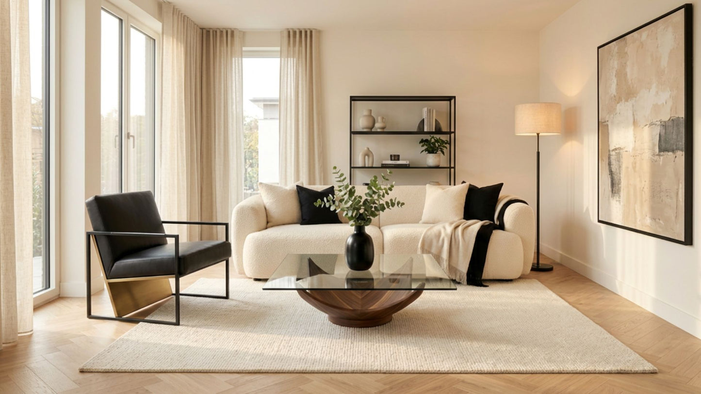 Modern living room with a sofa, armchair, coffee table, and decorative elements.