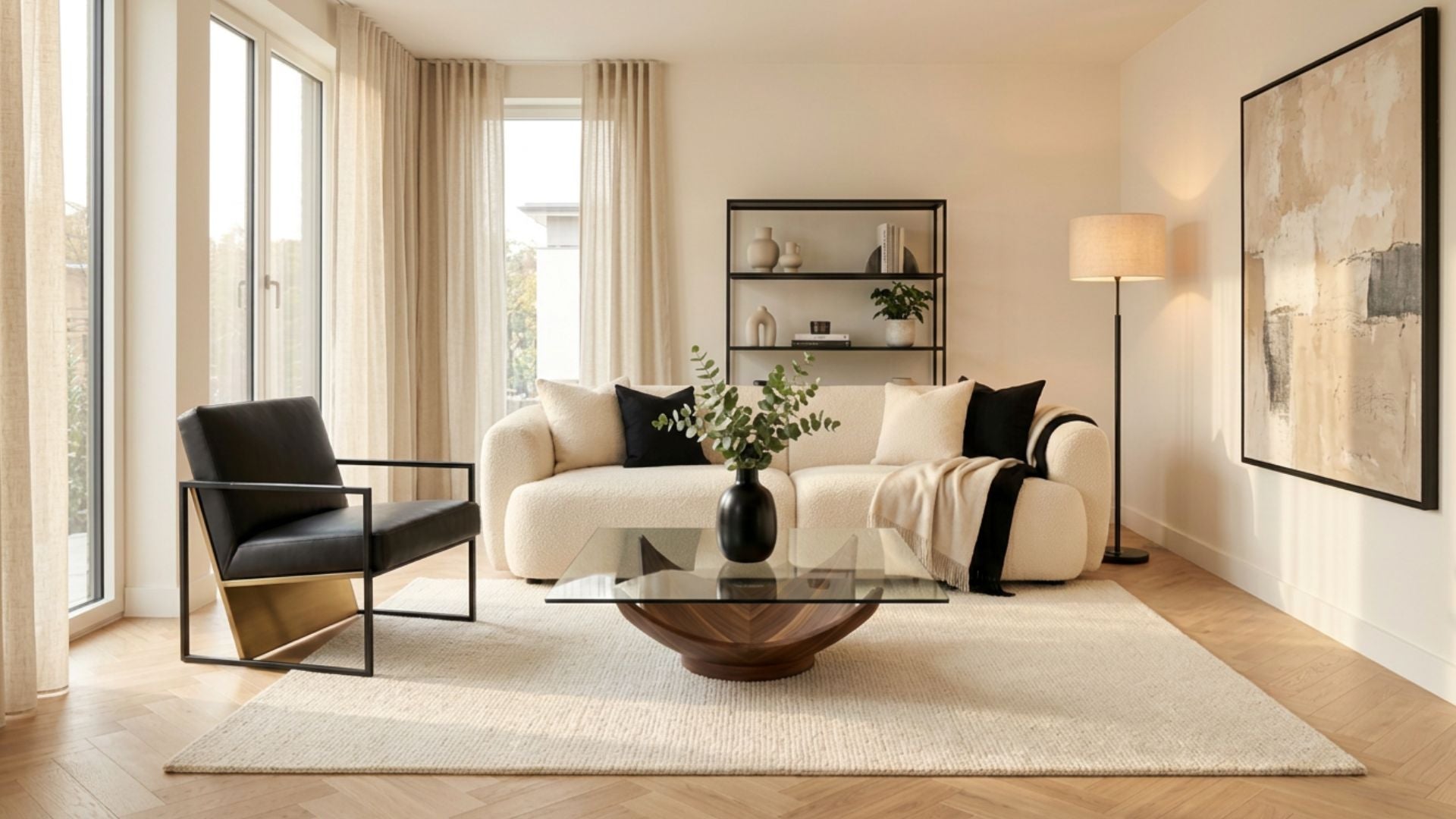 Modern living room with a sofa, armchair, coffee table, and decorative elements.