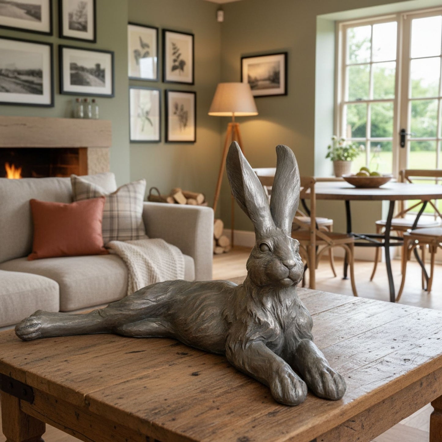 Decorative rabbit sculpture on a wooden table in a cozy living room.