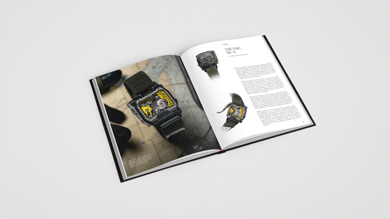double page of a book showing a luxury watch and text