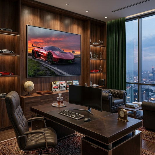 A luxury home office featuring a large wall-mounted framed print of a red sports car on a sunset road. The room has dark wood paneling, built-in shelves with small car models, a dark leather desk and chair, and a large window overlooking a city skyline.