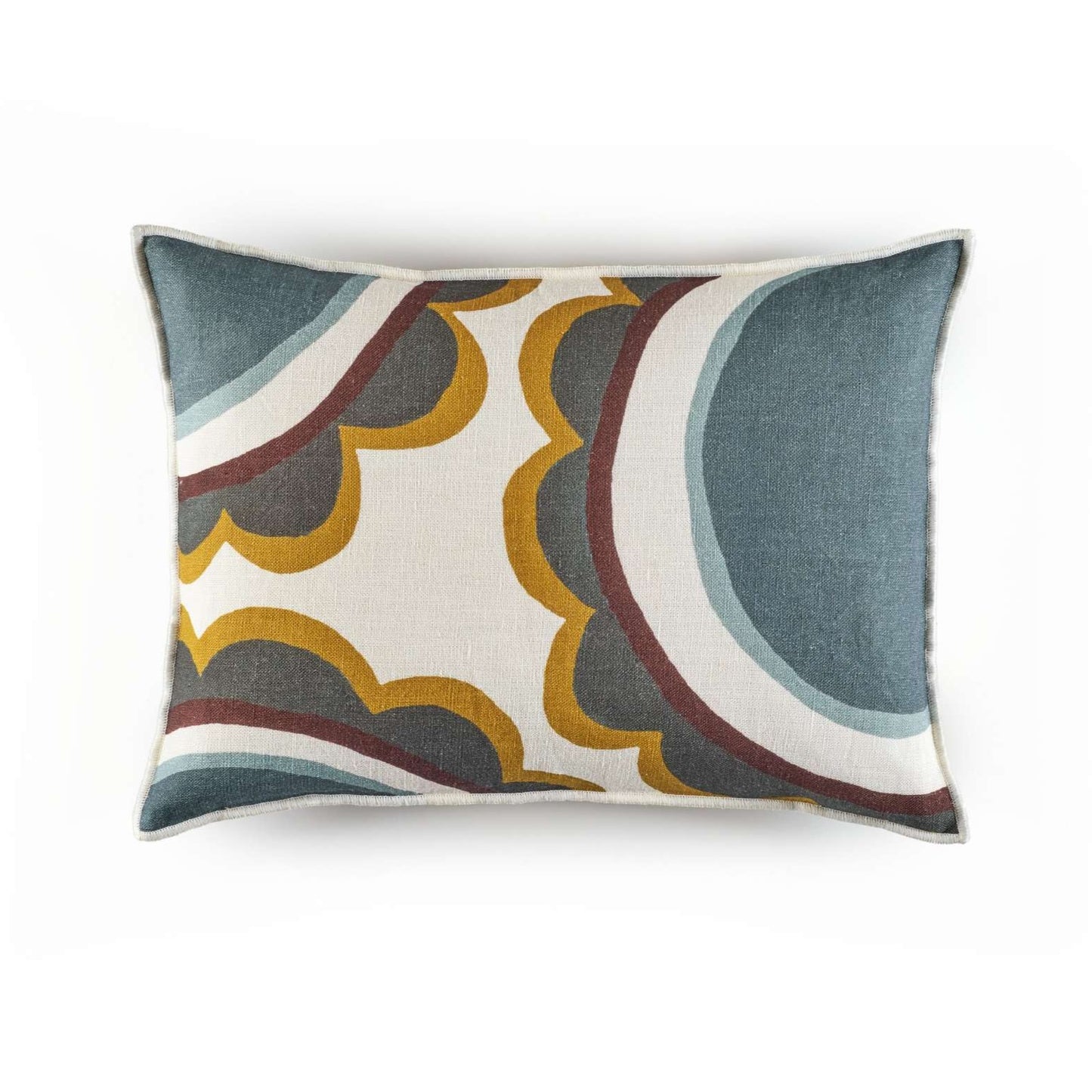 Marguerite cushion in blue, brown, mustard and white
