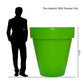 Green planter pot with a silhouette of a person and measurement details on a white background