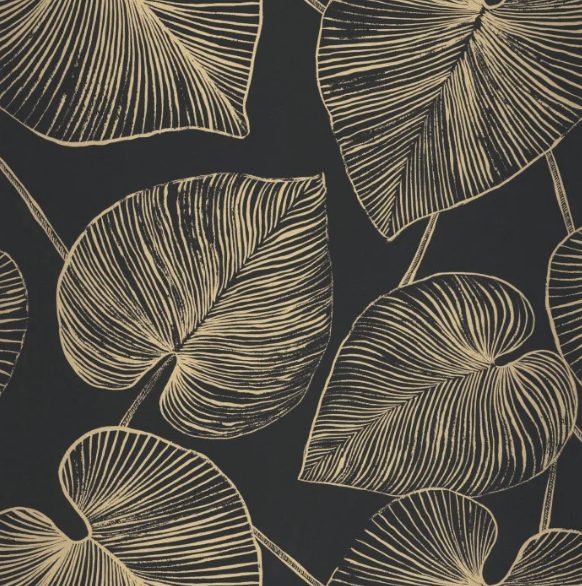 A close-up of a repeating botanical pattern featuring large heart-shaped leaves with fine parallel lines in a warm beige or tan tone on a very dark charcoal-black background.