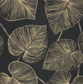 A close-up of a repeating botanical pattern featuring large heart-shaped leaves with fine parallel lines in a warm beige or tan tone on a very dark charcoal-black background.
