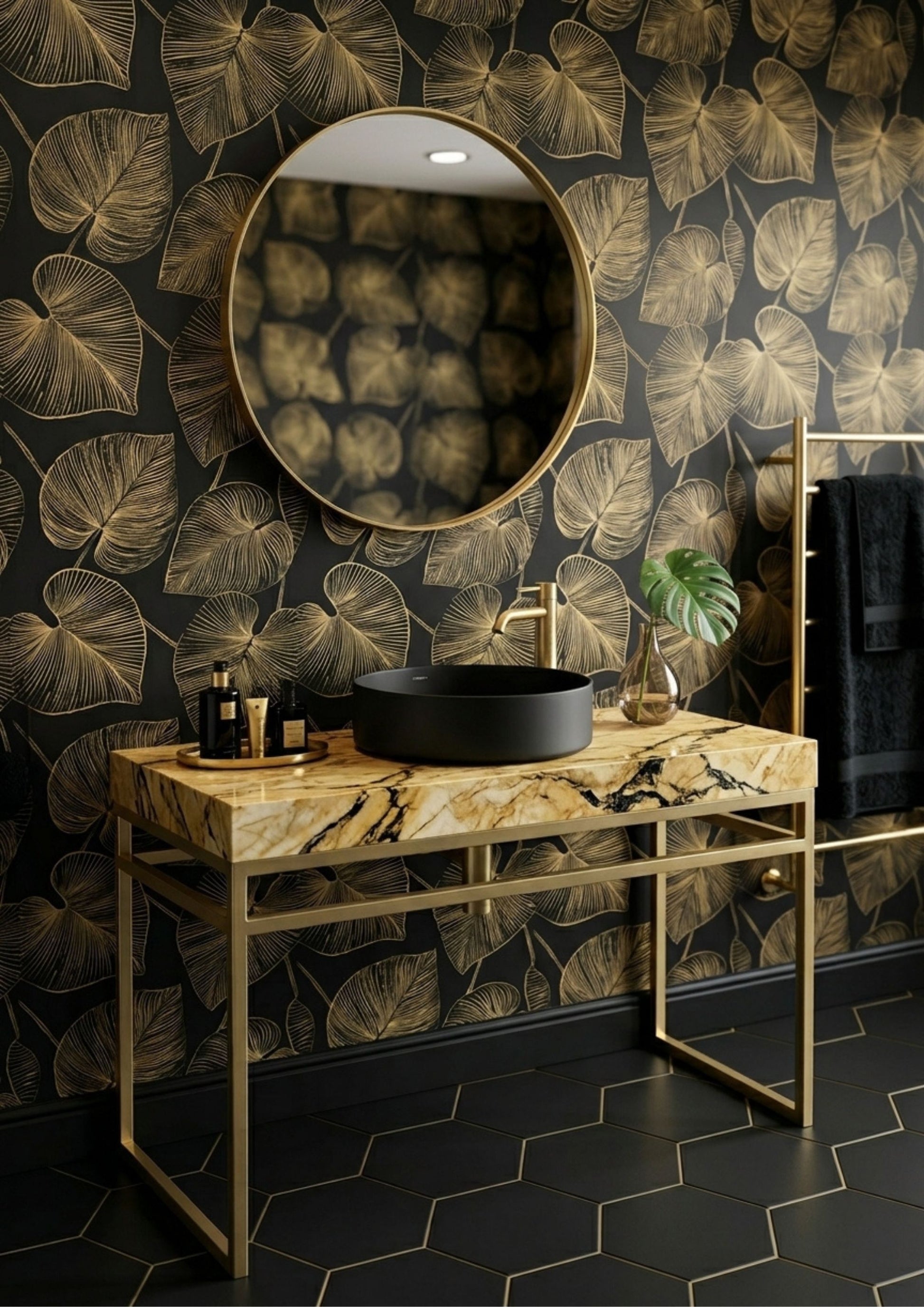 A luxury bathroom vanity setup featuring a marble-top console table with a gold metal frame, a black vessel sink, a round gold-framed mirror, and a backdrop of black wallpaper with a gold leaf pattern.