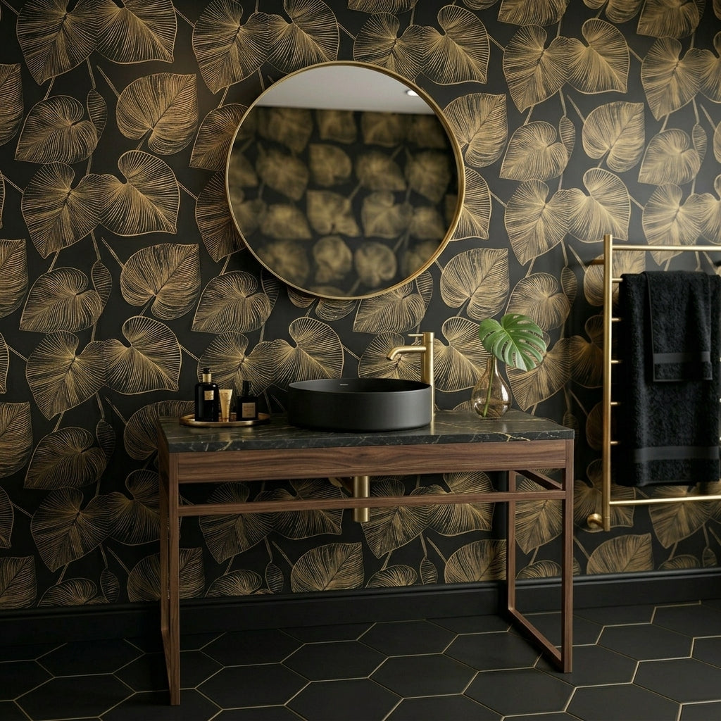 A luxury bathroom scene featuring a dark wood console table with a black marble top, a black vessel sink, and a gold faucet, set against a black wallpaper with gold leaf patterns. A round gold-framed mirror is mounted on the wall, and a gold towel rack with a black towel is visible on the right.
