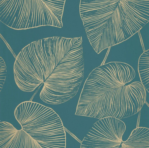 A close-up of a repeating botanical pattern featuring large heart-shaped tropical leaves in a warm cream or beige tone over a deep teal-blue background.