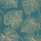 A close-up of a repeating botanical pattern featuring large heart-shaped tropical leaves in a warm cream or beige tone over a deep teal-blue background.