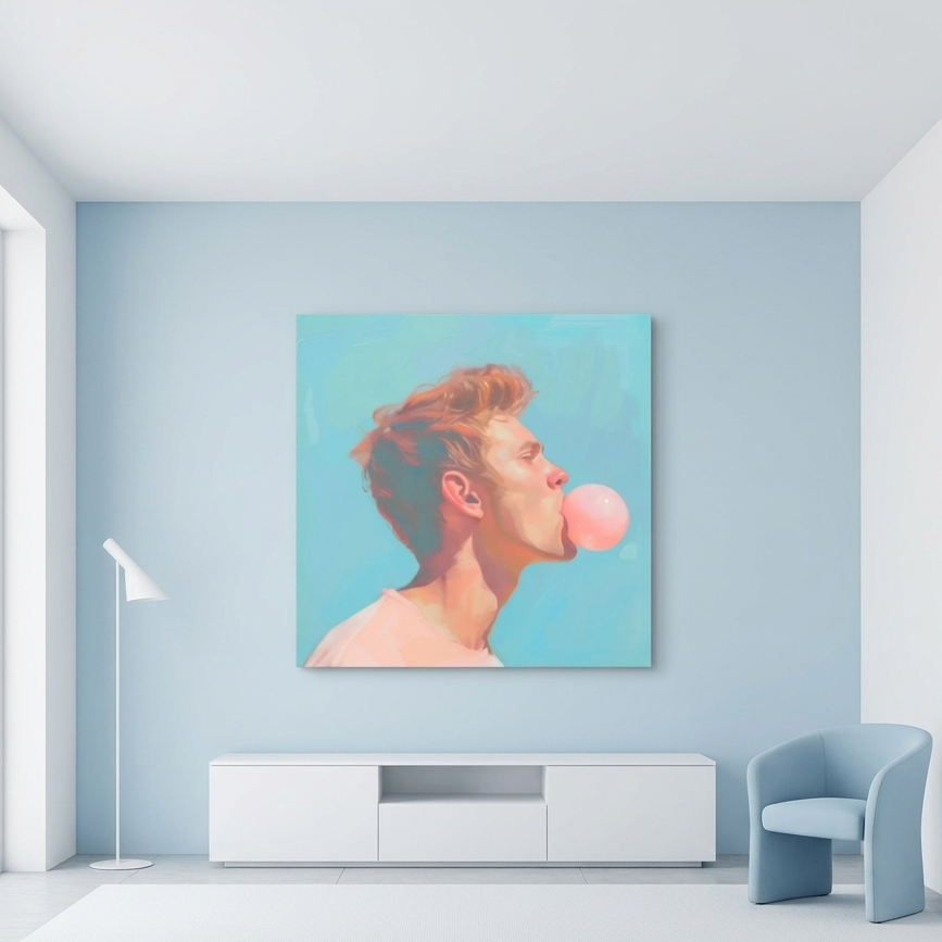 A square canvas wall art print depicting a man blowing pink bubblegum, displayed in a modern room setting on a light blue wall above a white console table.