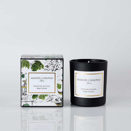 Manuel Canovas candle and packaging on a light gray background