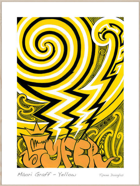 Artistic design with black and white spiral, yellow zigzag line, and orange text on a white background